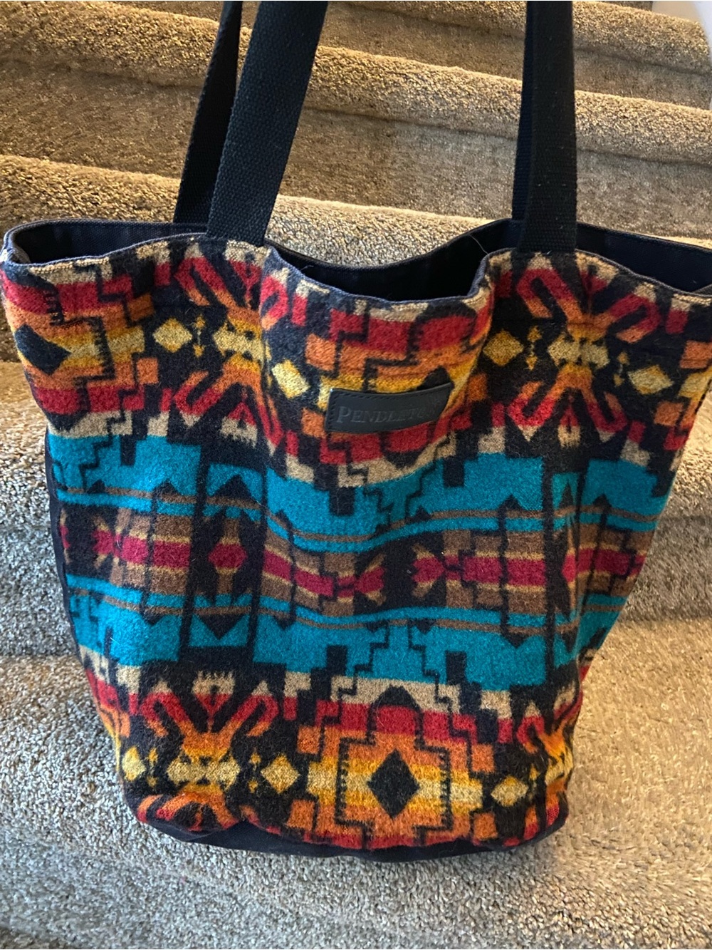Pendleton Multicolor Aztec Wool weekender Tote with Teal and Red Accents Native